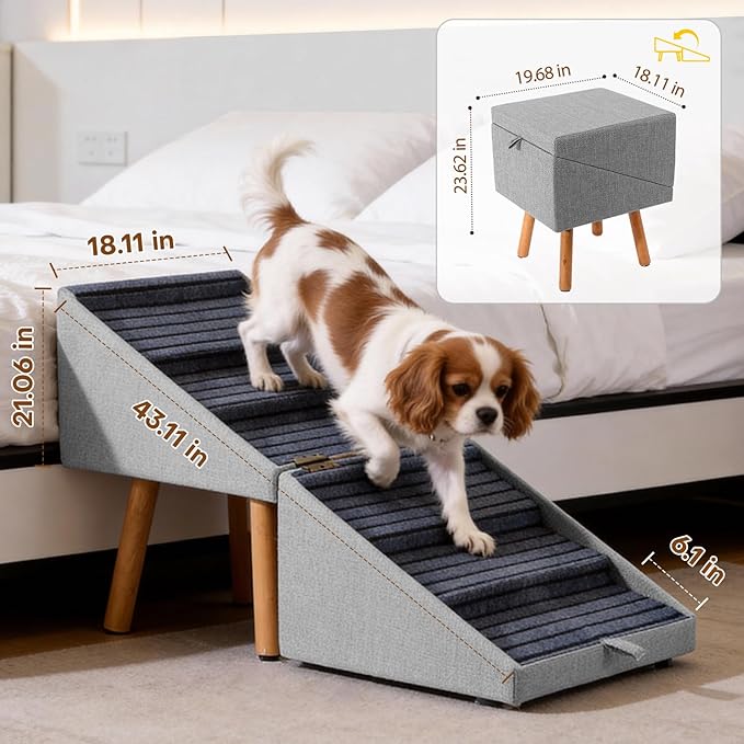 21.06”H Dog Stairs for High Bed, 6-Step Pet Stairs with Split Ottoman Design - Tall Dog Steps Convertible to Bedside Table Nightstand, Large Non-Slip Stairs for Big Medium Dogs to Bed