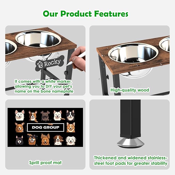 SHAINFUN Adjustable Height Elevated Dog Bowl Stand for Large & Extra Large Dogs – Wooden Raised Dog Bowls with Three 101oz Stainless Steel Bowls & Mat, Stainless Steel Food & Water Station