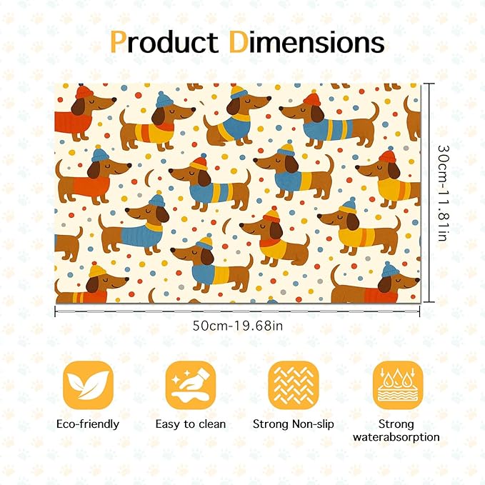 HOMETITUTE Adorable Dachshund Puppy Pet Food Mat with Colorful Polka Dot Pattern Pet Bowl Mat for Dogs and Cats Non Slip Feeding Mats Easy Clean Fast Dry Cat and Dog Feedings Mats 20" x 12"