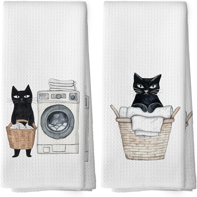Black Cat Laundry Hand Towels, Cat Lovers Mom Gifts Hand Towel for Bathroom Decor, Funny Laundry Kitty Kitten Decorative Towels for Bathroom Washroom Room 16x24 Inch Set of 2
