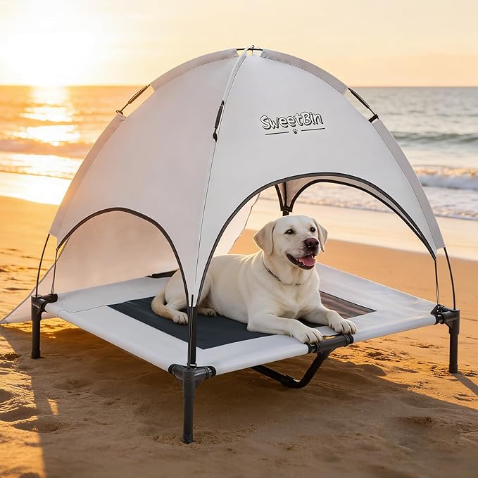 S/M/L Outdoor Raised Dog Cot with Canopy & Side Shade - Portable Cooling Elevated Dog Bed for Camping Beach (with Carry Bag)