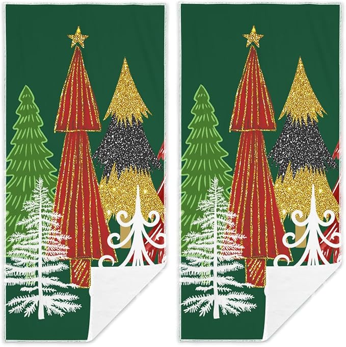 Green Red Christmas Tree Hand Towels Set of 2 Xmas Watercolor Pine Trees Absorbent Bathroom Towel Soft Decorative Towels for Bathroom, Hotel 29.1 X 13.8 Inch