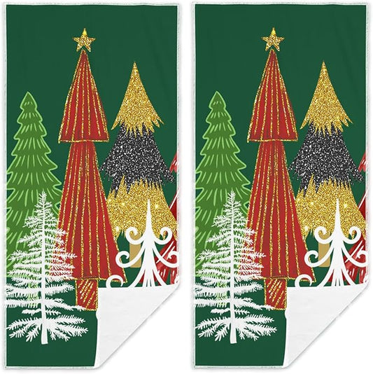 Green Red Christmas Tree Hand Towels Set of 2 Xmas Watercolor Pine Trees Absorbent Bathroom Towel Soft Decorative Towels for Bathroom, Hotel 29.1 X 13.8 Inch