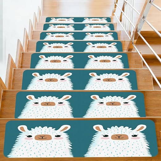 Animal Cute Cartoon Alpaca Stair Treads for Wooden Steps Indoor Washable Staircase Carpet 15PCS 30"x7.8" Stair Step Treads Non-Slip Staircase Covers Peel and Stick Safety Mat for Kids Elders Pets