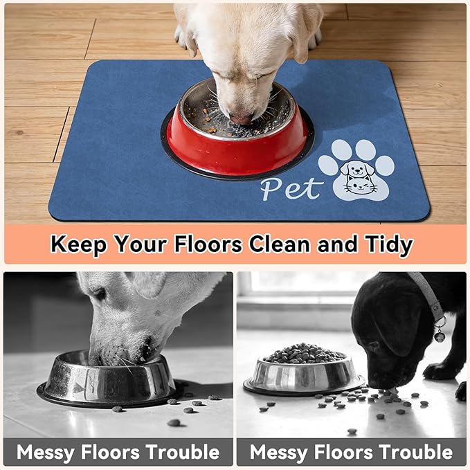Dog Cat Feeding Mat-Absorbent Pet Bowl Mat for Food and Water, Quick Dry Water Dispenser Mat for Floors with Waterproof Rubber Backing, Large Dogs Placemat Mats for Messy Drinkers,17"x27",Blue