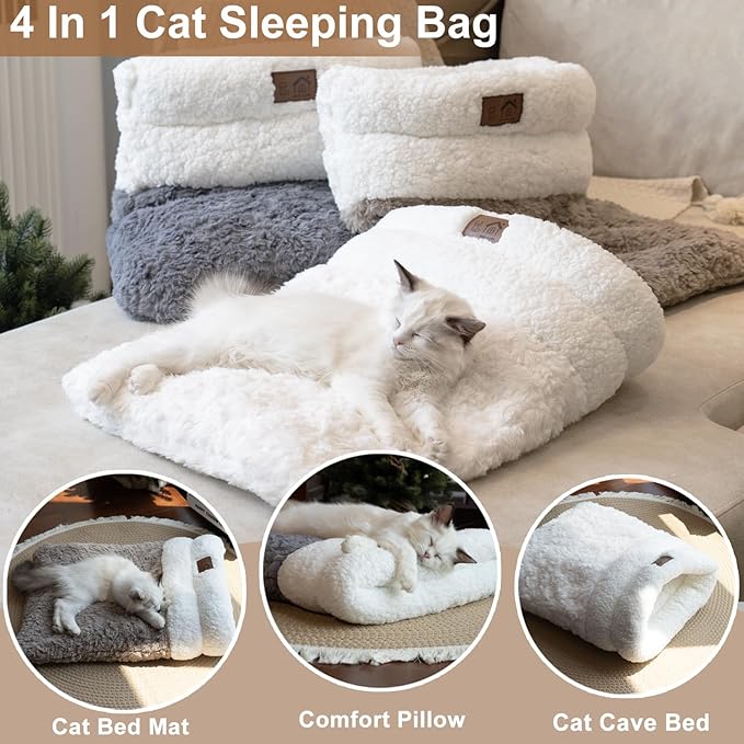 Cat Bed Cave 4 in 1 Cat Sleeping Bag Cute Self Warming Cat Cave with Plush Portable Snuggle Sack/Hideway for Indoor Cats & Small Pets Coffee 21×17 Inch