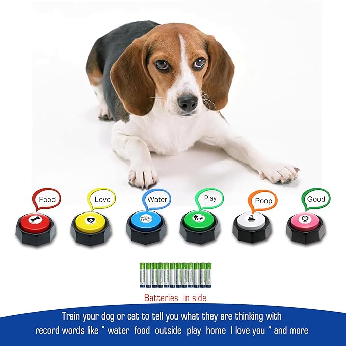 Dog Buttons for Communication 6 Color Training Buttons t, 30s Recordable Pet Training Buttons, Set with 45 Stickers & Magic Tape (Cats/Dogs/Office Games)