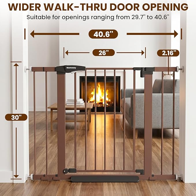 Baby Gate with Door, 26-40" Auto Close Dog Gate Indoor for Stairs Doorways, Easy Install Pressure Mounted Pet Gate, Easy Walk Through Child Safety Gate for the House, Brown