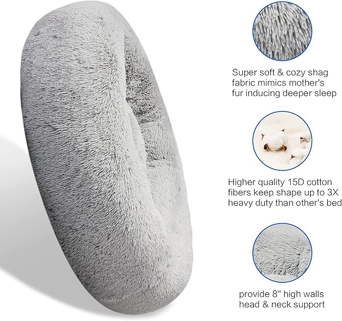 SAVFOX 20 inches Calming Donut Dog Bed - 3X Durable Plush Faux Fur, Machine Washable & Non-Slip, Fits up to 15 lbs, Light Grey
