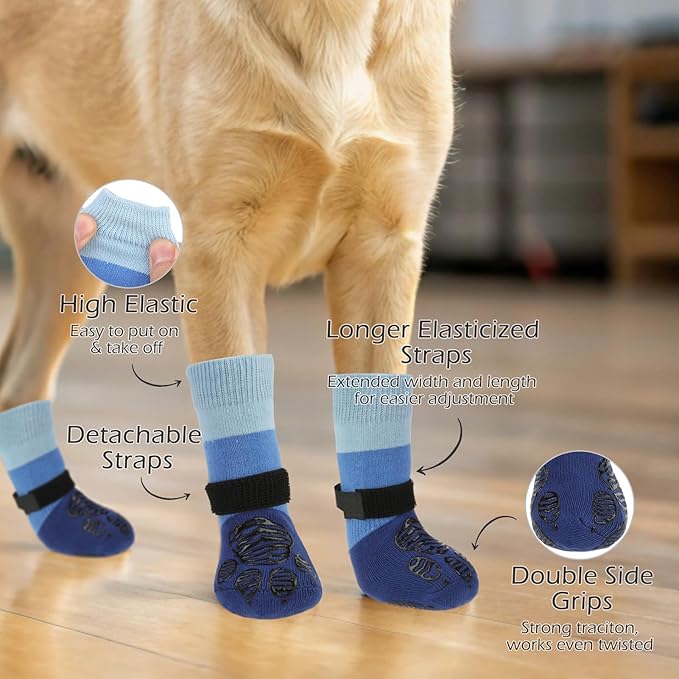 EXPAWLORER Anti Slip Dog Socks to Prevent Licking Paws, Dog Shoes for Hot Pavement, Dog Booties for Hardwood Floors, Dog Boots & Paw Protectors with Grippers for Small Medium Large Senior Dogs Blue XS