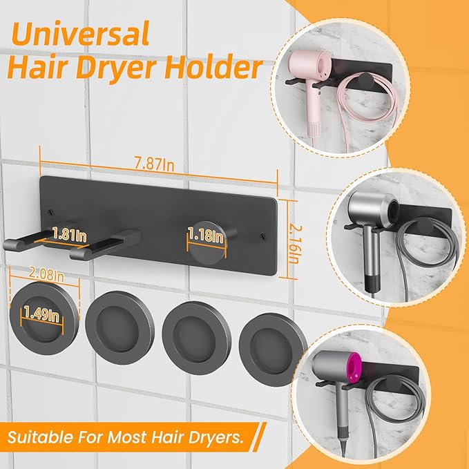 XIGOO Hair Dryer Holder Wall Mounted with 4-Adsorption, Self Adhesive Blow Dryer Holder for Power Plug, Diffuser and Nozzles Accessories Organizer, Matte Black