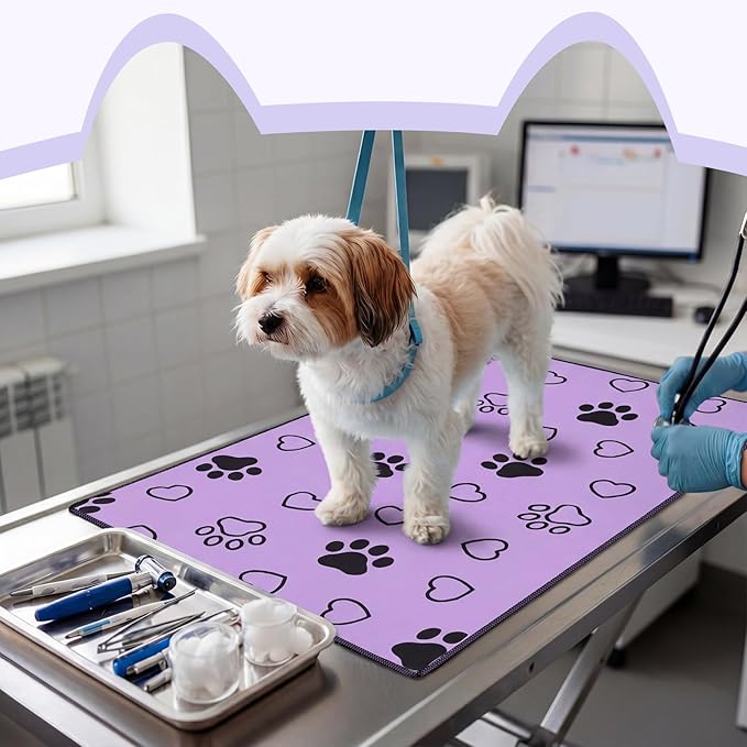 AceOrbit 1 Pack 24x36 Inch Non-Slip Dog Grooming Mat for Table Dog Vet Mat Black and Purple Pet Paw Print Grooming Pad for Cat Pet Checkups Rehabilitation Bath, Waterproof and Easy to Clean
