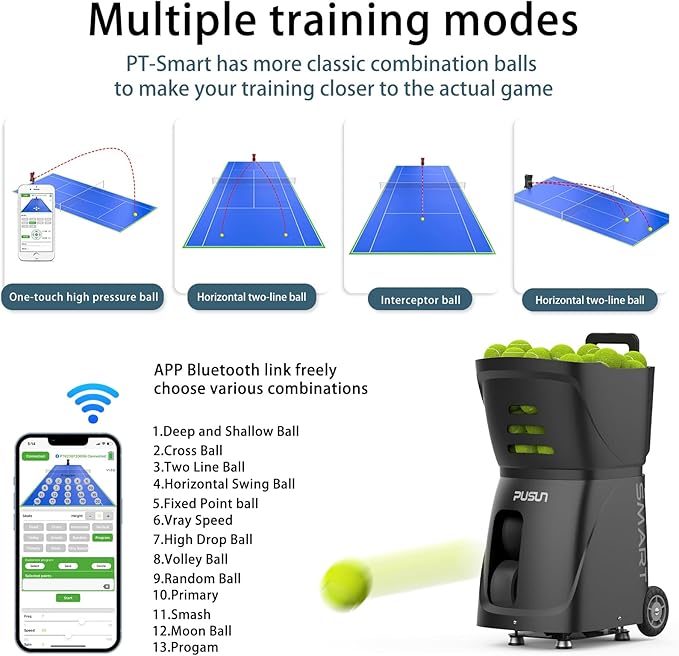 PT-SMART Tennis Ball Machine - Smart App for Apple Watch & Phone Control, Tennis Ball Launcher with 20 Landing Points, 12 Training Modes & 4-6h Battery Life, Tennis Serving Machine