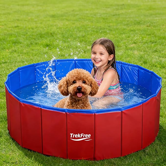Foldable Pet Pool, Puppy Small Medium Large Dogs Pool, Non-Slip Pet Bath Tub for Outdoor Backyard, Collapsible Dogs Swimming Pool for Dogs Cats and Kids 40" Red