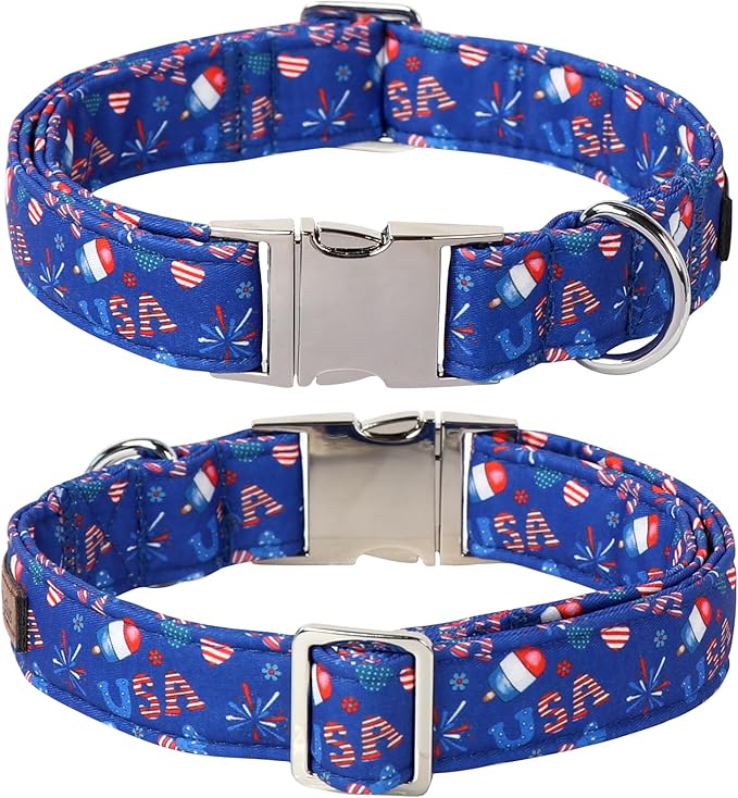 Lionet Paws 4th of July Dog Collar with Bowtie, Cute Summer Blue Dog Collar for Girl for Large Dogs, Adjustable Popsicle Pet Collars for Large Dogs