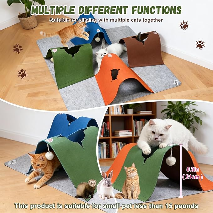 Cat Tunnel Play Mat for Indoor Cats, Felt Interactive Pet Toy with Hidden Ball, Enrichment Activity Rug, Collapsible Cave for Kittens & Small Pets (Colorful)
