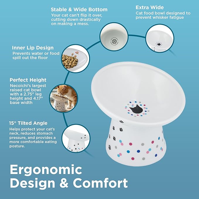 Necoichi Elevated Cat Food Bowl, Ceramic (Porcelain),15° Tilted, Whisker-Friendly, Dishwasher, Microwave Safe, Non-Slip, Anti-Vomiting, Neck Fatigue (Colorful Dots, Extra Wide Tilted, 1.5Cup Cap.)
