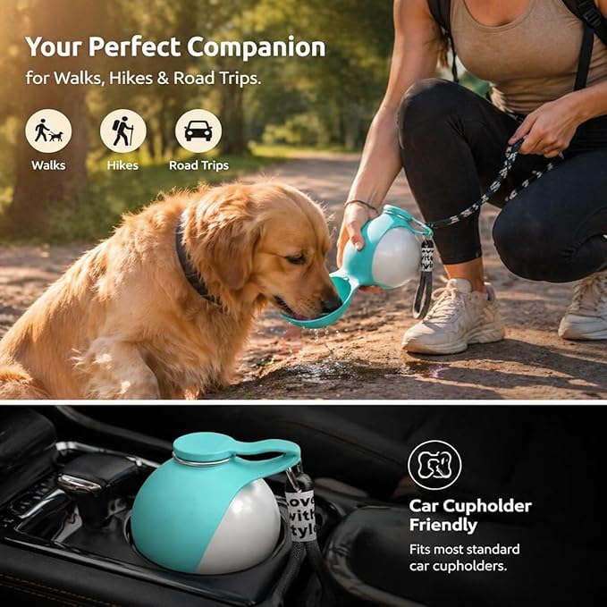 2 in 1 Portable Tumbler for Dogs – 10oz Stainless Steel Pet Water Bottle with Silicone Foldable Bowl, Portable Dog Water Bottle for Walks, for Walking, Hiking & Travel, One-Hand Operation (Blue-1)
