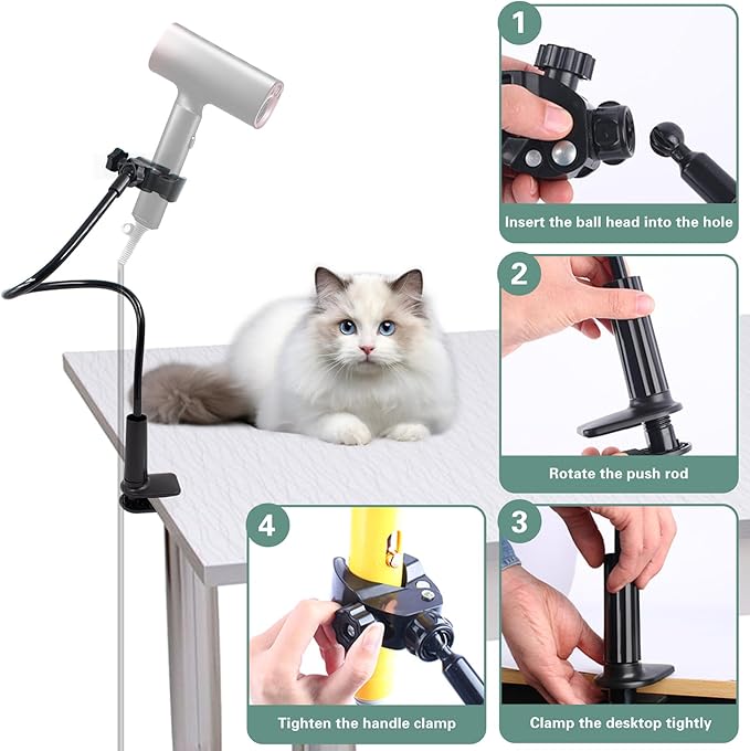 Dog Hair Dryer Holder, Black Alloy Adjustable Lazy Hair Dryer Hands Free Stand with 360° Rotatable Clamp for Pet Dog Cat Grooming