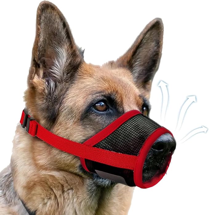 Dog Muzzle, Soft Air Mesh Muzzles for Medium Sized Dogs, Breathable Dog Mussels for Scavenging Biting Licking & Barking, Adjustable Mouth Guard for Grooming, Allows Panting and Drinking (Red,M)