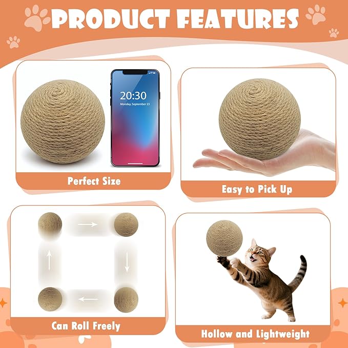 3.94 inch Sisal Cat Ball Toy, Interactive Natural Cat Scratching Ball, Perfect Scratcher for Cats' Exercise and Fun (Sisal)