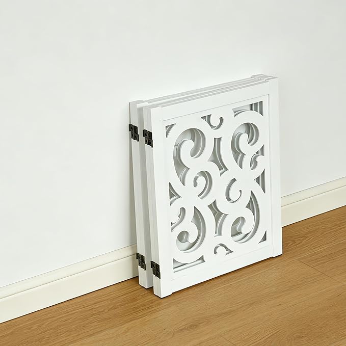 Ashfield & Harkness: 4-Panel Pet Gate - Scroll White - Wooden Foldable Freestanding Dog Fence, 80 x 23.5, Doorways-Halls-Stairs, 360 Rotated Hinges