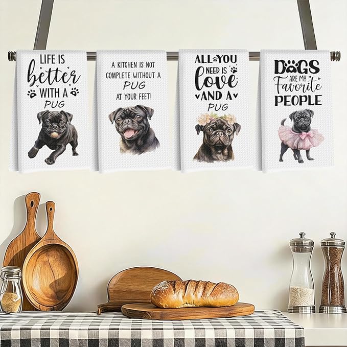 4Pcs Cute Black Pug Kitchen Towels 24x14 Inch, Black Pug Gifts for Woman Mom, Reusable Waffle Weave Microfiber Absorbent Hand Tea Dish Towels for Kitchen Bathroom Home Decor, Dog Lovers Gifts