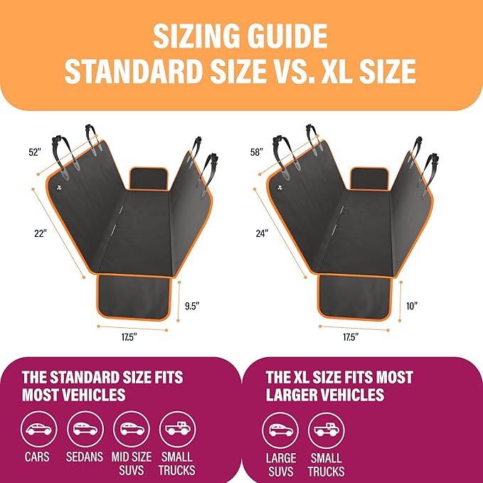 Active Pets XL Waterproof Hammock Large Car Seat Cover, Fits SUVs Trucks Big Sedans, Secure Convertible Travel Bed Protects Backseat Cargo from Dog Puppy Pet Water Food Drool Urine, Black Orange Trim