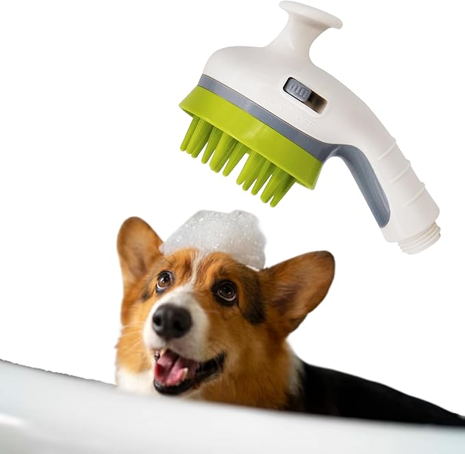 Dog Shower Head Brush Splash Shield Indoor Outdoor Pet Wash Bath Grooming Accessories Water Pressure Control Rubber Scrubbing (1, White)