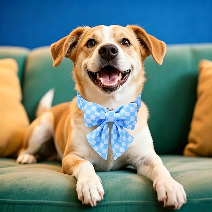 DOGWONG Blue Plaid Dog Collar with Bow - Adjustable and Comfortable Autumn Dog Collar Blue Checked Necklace for Large Medium Small Pet,XL