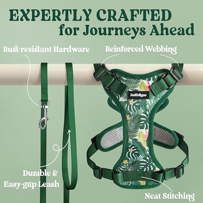 rabbitgoo Cat Harness and Leash Set, Escape Proof Vest Harness for Safe Outdoor Walks, Soft Breathable Adjustable Vest with Reflective Strips for Small and Average Cats, Rainforest Green, S