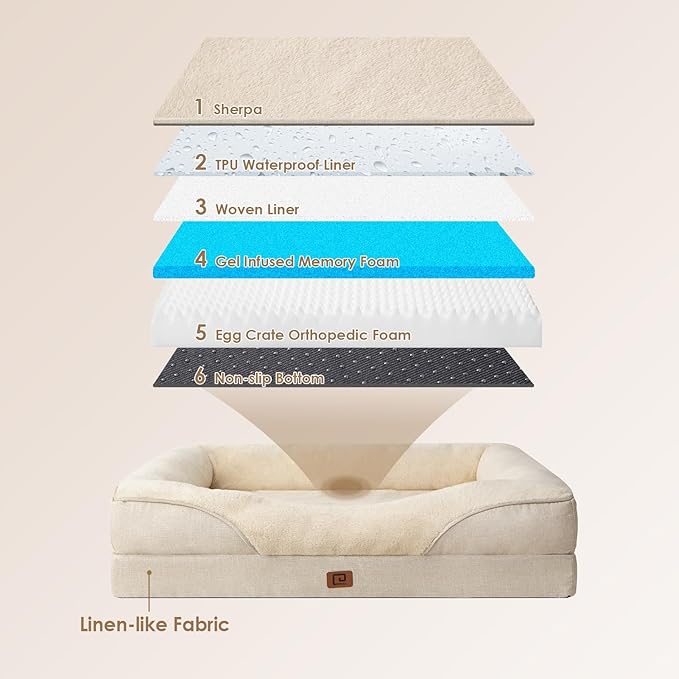 EHEYCIGA Orthopedic Dog Bed for Large Sized Dog, 36x27 Inch Large Memory Foam Dog Couch Bed with Sides, Waterproof Liner & Washable Removable Cover, Bolster Pet Sofa, Beige