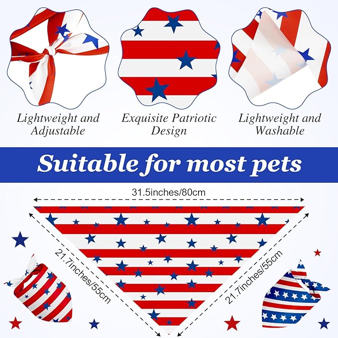 Weewooday 50 Pcs 4th of July Dog Bandanas Bulk for Patriotic 250th Anniversary, Red White Blue Striped Star Triangle Scarf for USA Memorial Small Medium Large(Striped Star, 25.6 x 17.7 x 17.7 Inch)
