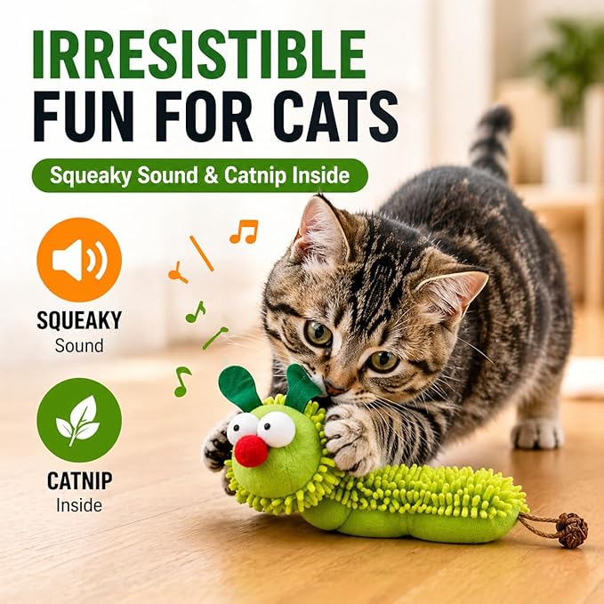 CaterpillarCat Toy for Indoor Cats, Plush Caterpillar Cat Toy for Kicking and Biting, Interactive Kitten Toy, Soft Chew & Kick Toy for Cats Boredom Relief