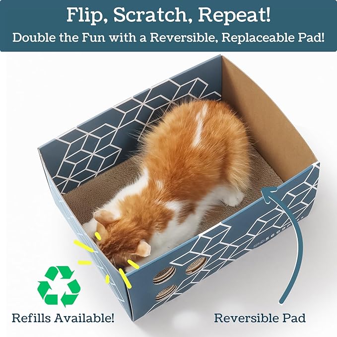 5609PETS Cat Scratching Box with 3 Refillable Double-Sided Scratch Pads, No-Mess Cat Scratcher for Indoor Cats