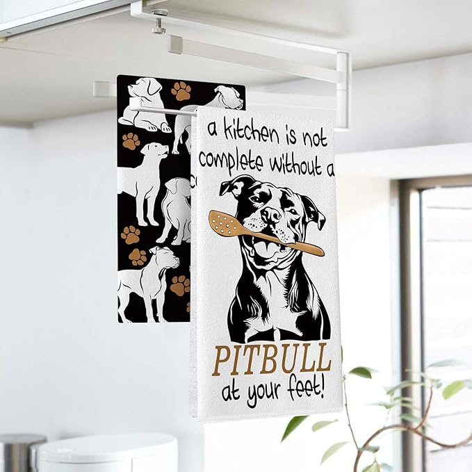 Funny Pitbull Dog Kitchen Dish Towels Set of 2, Cute Paw Prints Drying Hand Towel Baking Cooking Cloth, Home Decoration Gifts for Pet Dog Owner Lover 18'' x 26''