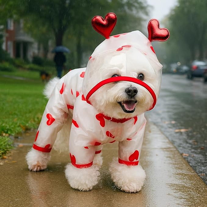 Waterproof Dog Raincoat,Full Coverage 4 Legs Dog Rain Jacket for Small Dogs,Pet Rain Coat with Hood,Reflective Strips&Leash Hole Outdoor Raincoat (X-Large（for Weight 11.1-14.6 lb）, Heart)