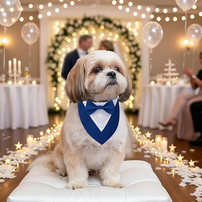 ADOGGYGO Blue Dog Tuxedo Bandana, Formal Wedding Bow Tie Collar, Adjustable Birthday Wedding Costume for Small Dogs (S)