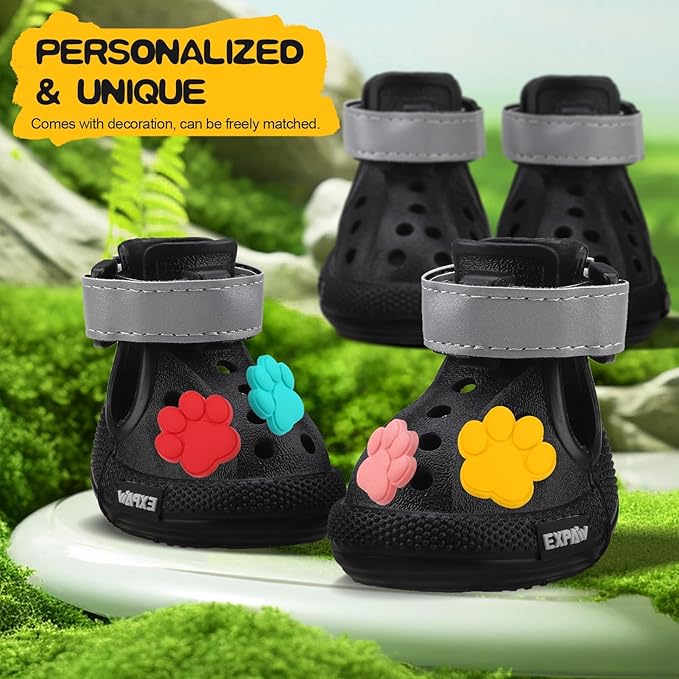 EVA Dog Shoes- Non-Slip Waterproof Dog Booties for Hot Pavement Summer Easy ON & Off Reflective Adjustable Pet Boots & Paw Protectors, Rugged Sole for Small Medium Large Dog Outdoor Walking (Black, L)