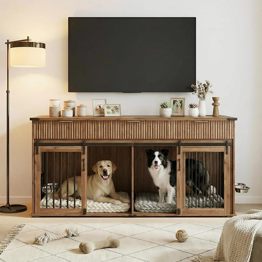 71'' Dog Crate Furniture for 2 Dogs, Wooden Double Dog Kennel with Removable Divider & 360° Rotating Feeder, 3 Fluted Drawers, Charging Station, TV Stand or Side Table (Walnut)