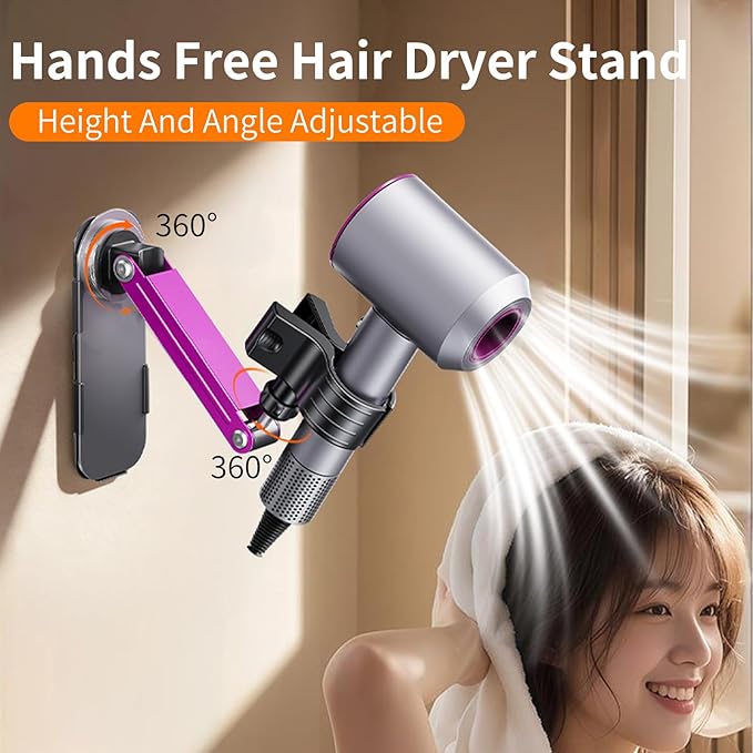 Metal Stable Hair Dryer Stand,Hands Free Blow Dryer Stand With Height & Angle Adjustable,Wall Mounted & Countertop Hairdryer Holder For Bathroom Bedroom Vanity,Compatible With 99% Hairdryers（Small）