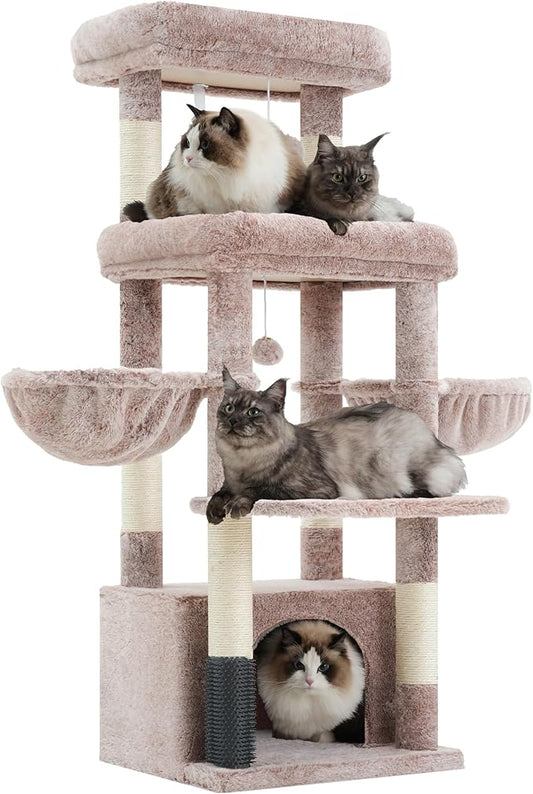 Hey-brother Cat Tree Tower, Scratching Posts with Extra Large Platform, Specious Condo, 2 Cozy Hammocks, Self-Grooming Brush for Indoor Adult Cats, Maine Coon 51.1 inches, Muchroom MPJ070MU