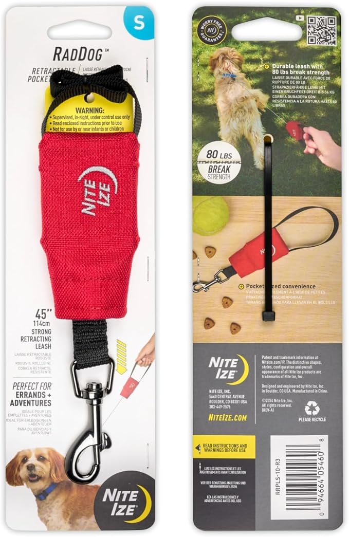 Nite Ize RadDog Retractable Pocket Leash - Durable & Comfortable - Compact Retractable Leash for Dog Walking - Portable & Sturdy for Everyday Use - Red, Small