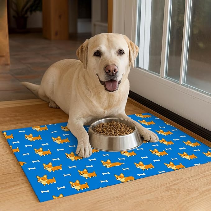 HOMETITUTE 24x16 inch Cute Corgi Design Non Slip Pet Food Mat Dog Bowl Placemat for Food and Water Small Pet Bowl Mats Cat Food Mats Easy to Clean Feeding Mat for Small Pets