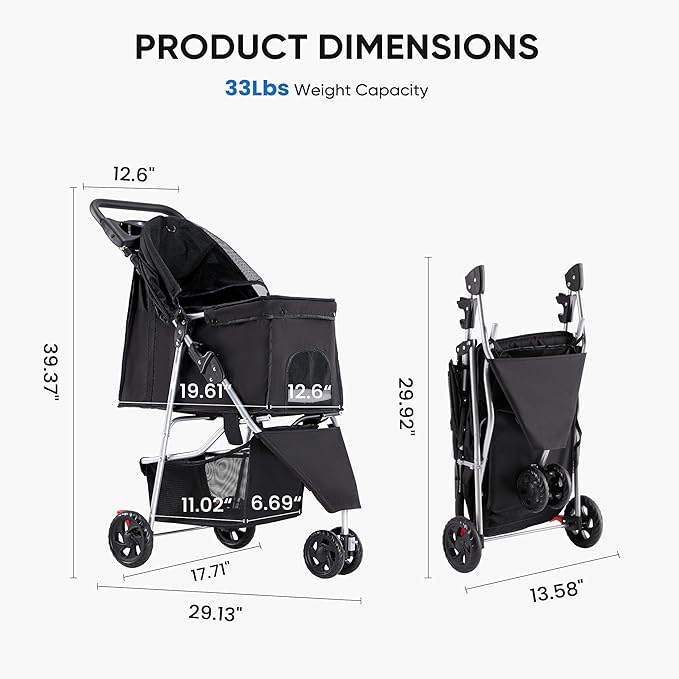 NEWBULIG Pet Stroller for Dogs, Cats Stroller with 3 Wheel, Foldable, Lightweight and Durable, Ideal for Small to Medium Pets, Includes Storage Basket and Cup Holders, Black