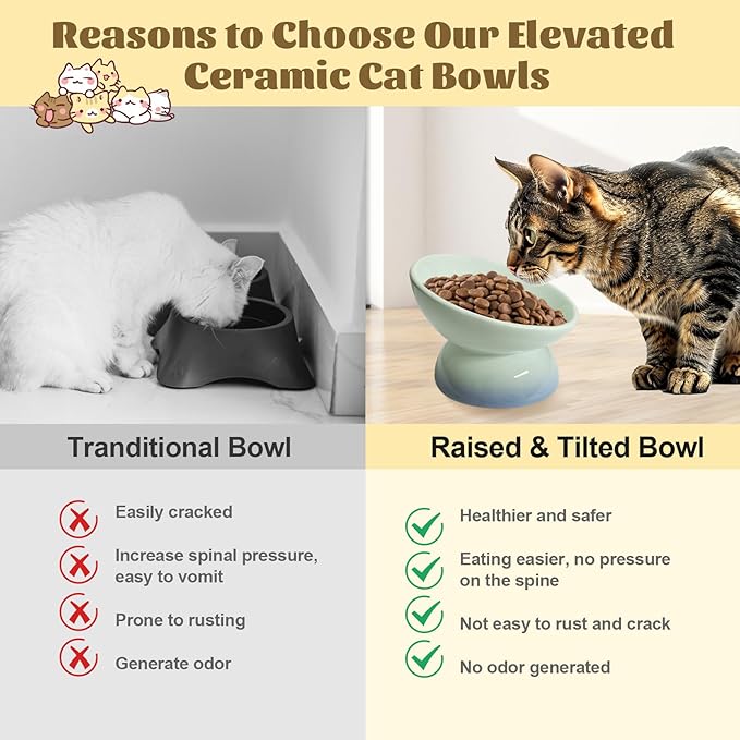 4Pcs Ceramic Raised Cat Bowl Elevated Cat Bowls Tilted Cats Food Dishes Pet Bowl Stand Feeder Cute Cats Bowl for Kittens Puppies Small Dog Whisker Fatigue Protect Kitten Spine(Gradient Color)