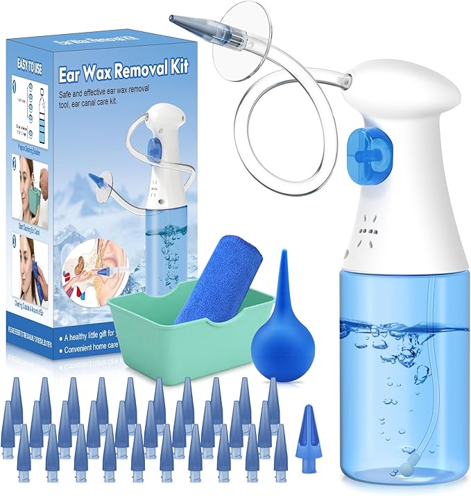 Ear Wax Removal Kit, Safe Effective and Easy Ear Cleaner, Ears Irrigation Flushing System, Ears Cleaning Kits for Adults & Kids, Earwax Removal Tools, Earwax Cleaner Tool Set - 30 Tips, Basin, Towel