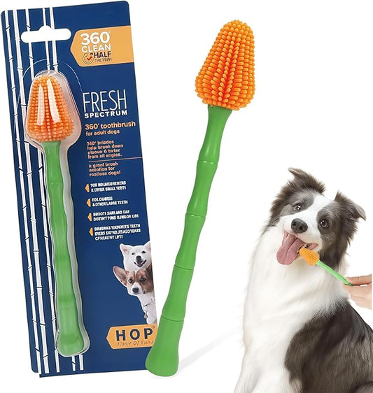 HOP Dog Toothbrush Orange 360° Soft Silicone Bristles Dog Toothbrush Full-Angle Dental Cleaning Green Bamboo-Shaped Long Handle Pet Dental Care for Dogs 6.89in/17.5cm