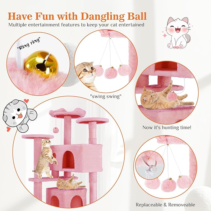 Sweetcrispy 54 Inch Cats Tree Tower, Multi-Level with Cat Scratching Post, Indoor Cat Condo with Climbing Ladder, Plush Toy, Play House for Cats, Pink