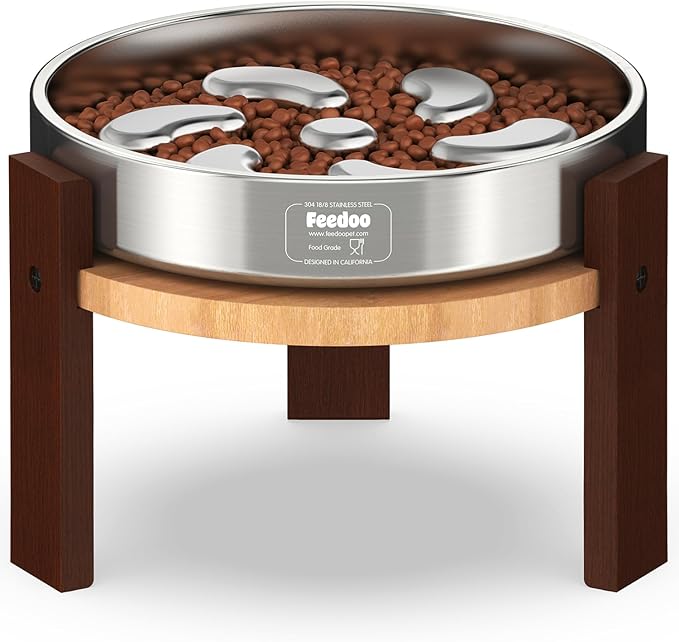 Elevated Dog Bowl Stand, 7'' Height Raised Stand for Large Dogs, Includes 3Cups Stainless Steel Slow Feeder Dog Bowl, Durable Solid Hardwood